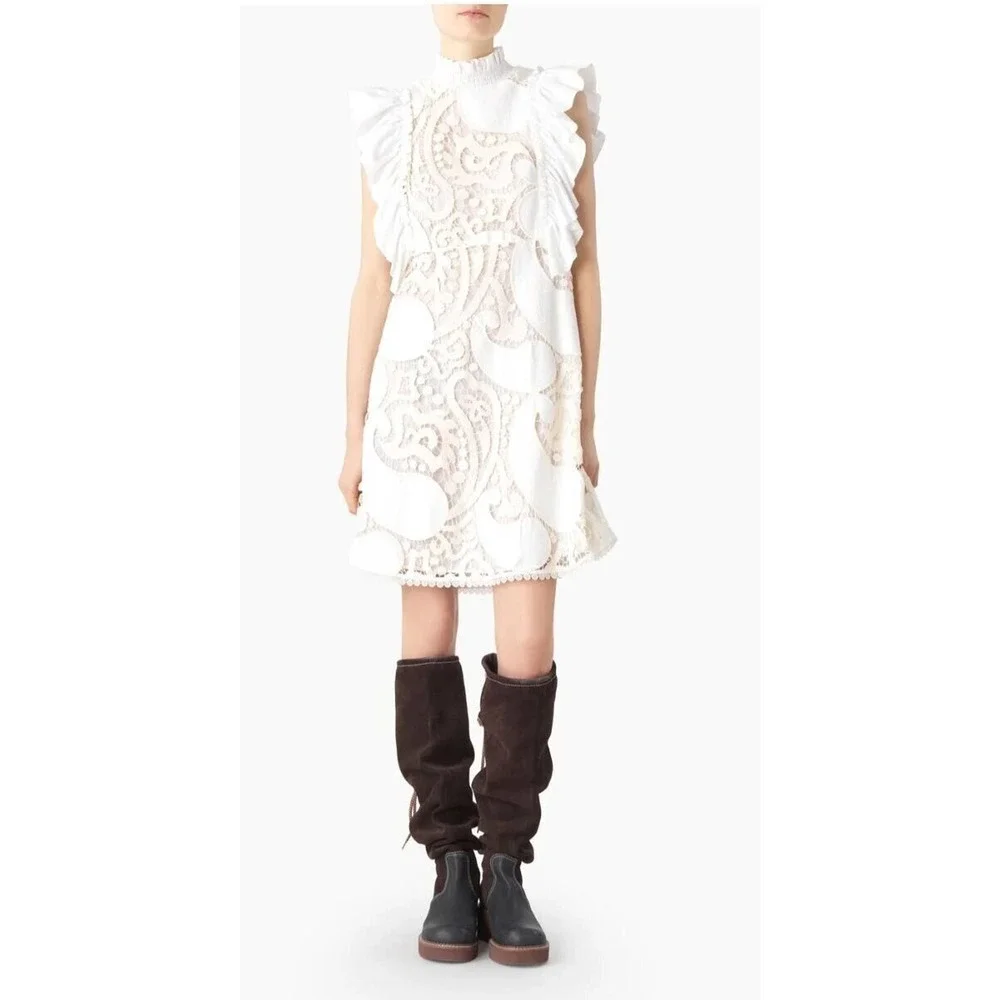See by Chloe White Ruffle Smocked Lace Dress Paisley Ruffle US size 8 EU size 44 - Picture 4 of 11